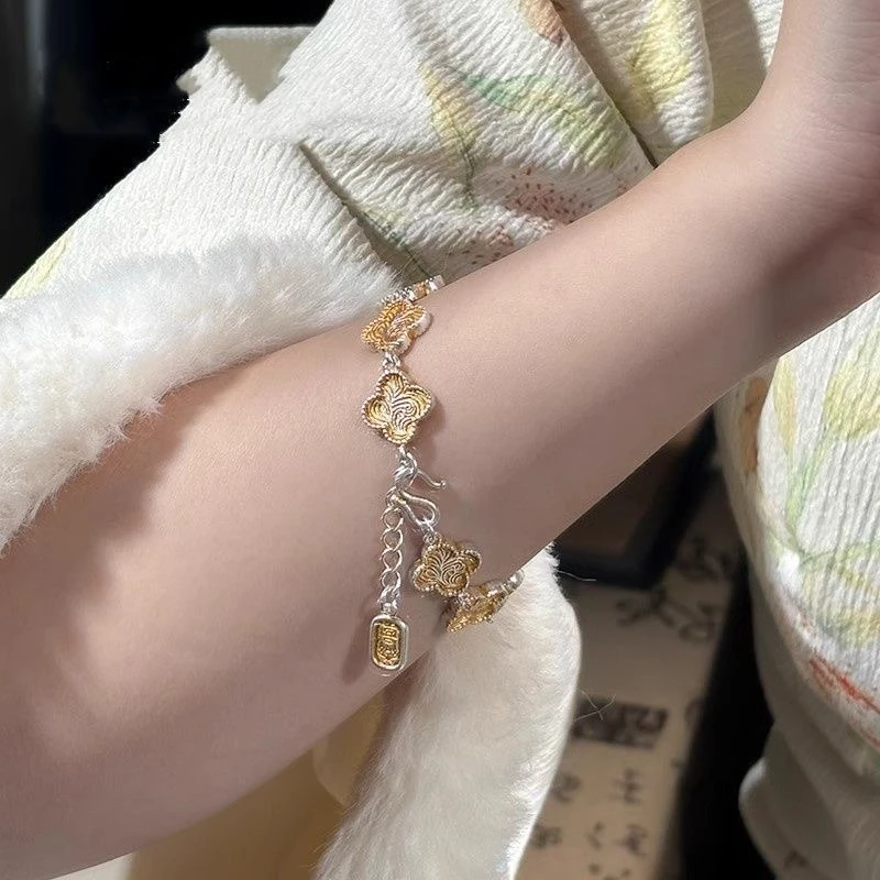 足银手链  描金四叶草卷草纹轻奢情侣国风平安喜乐手链足银9999