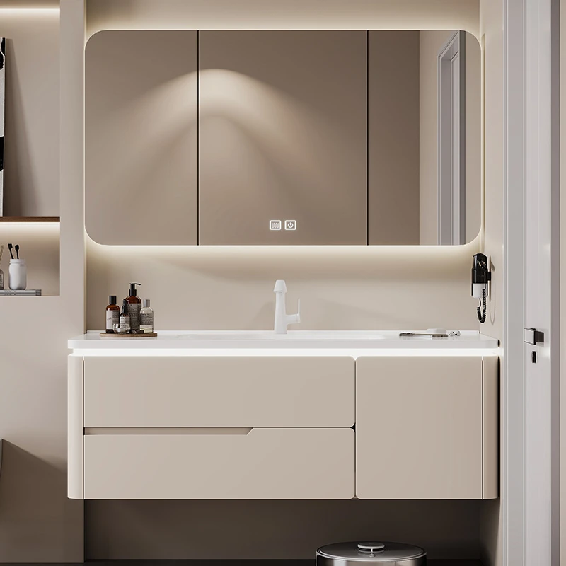 铂帝斯陶瓷一体盆浴室柜>奶油风橡胶实木烤漆柜体圆弧角盆TK002