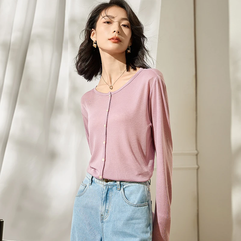 【天丝羊毛】女圆领开衫长袖薄款春秋显瘦气质时尚百搭针织衫605