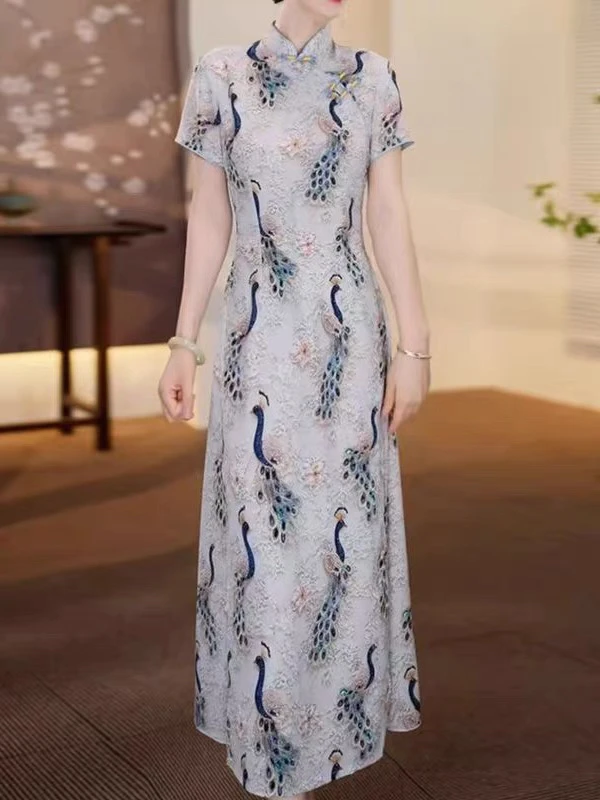 【618】125cm孔雀奥黛薄款气质旗袍