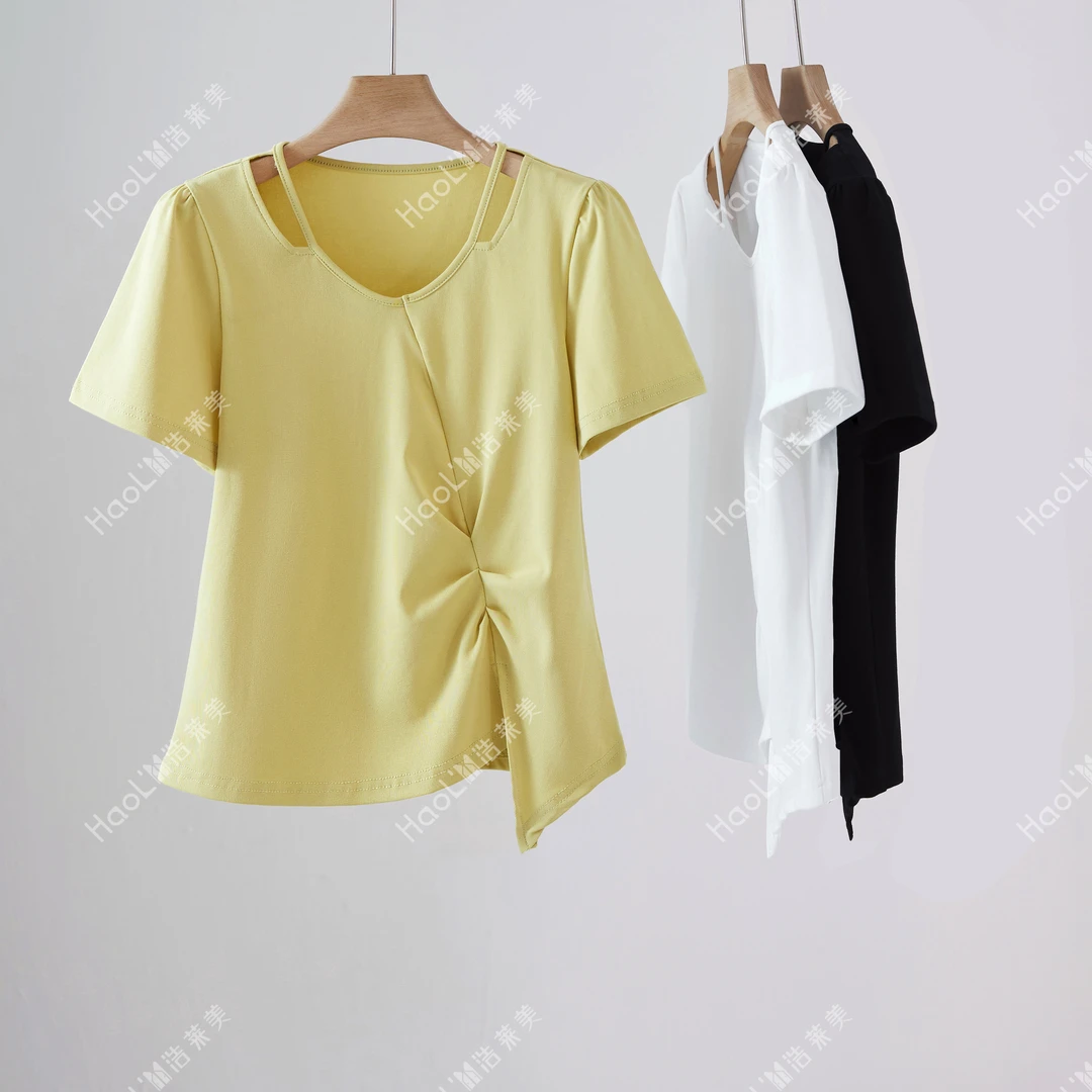 小众不规则时尚百搭上衣小个子遮肉显瘦皱褶镂空小V领短袖T恤
