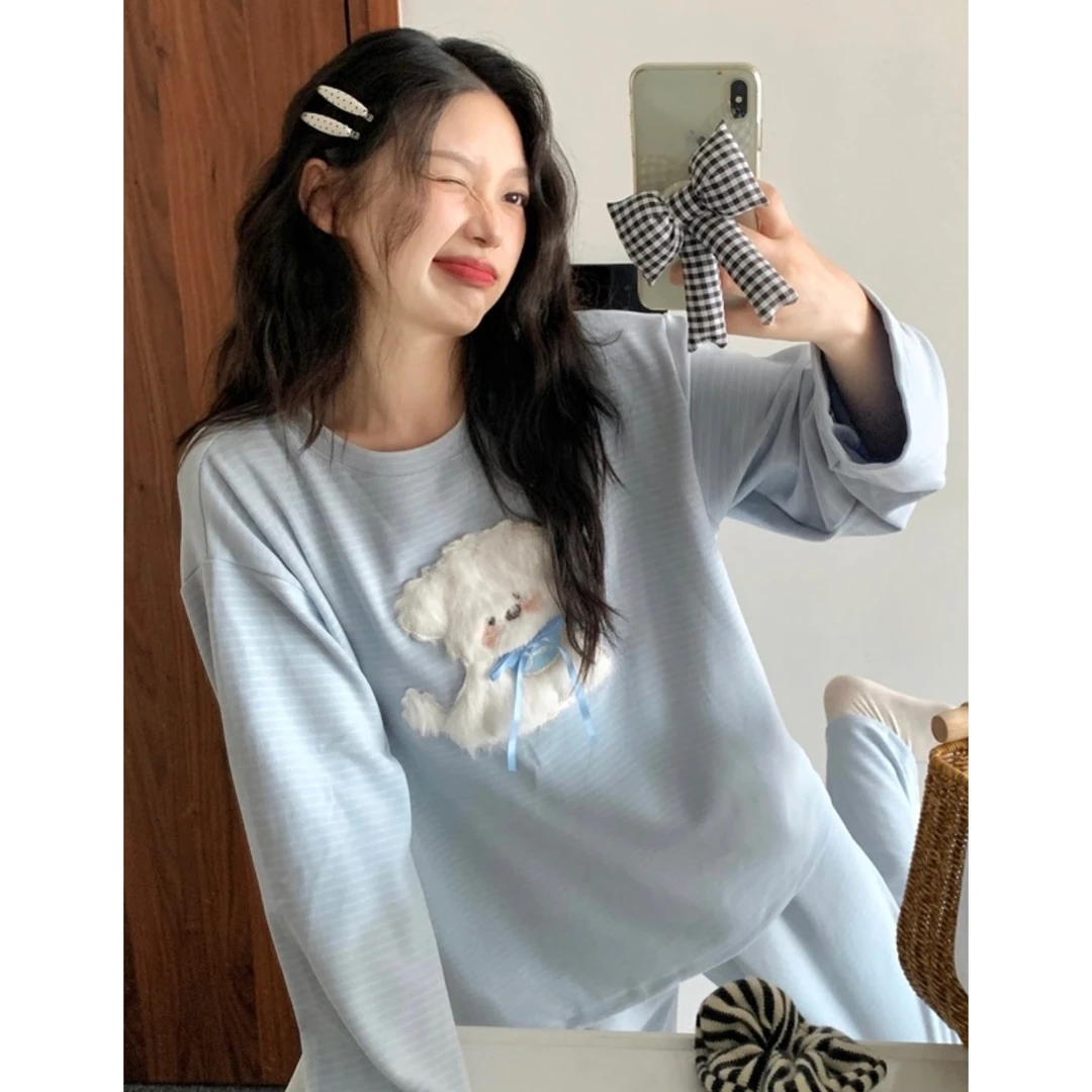 德绒睡衣女款秋冬季可爱蓝色条纹立体狗长袖加厚毛巾绒家居服套装