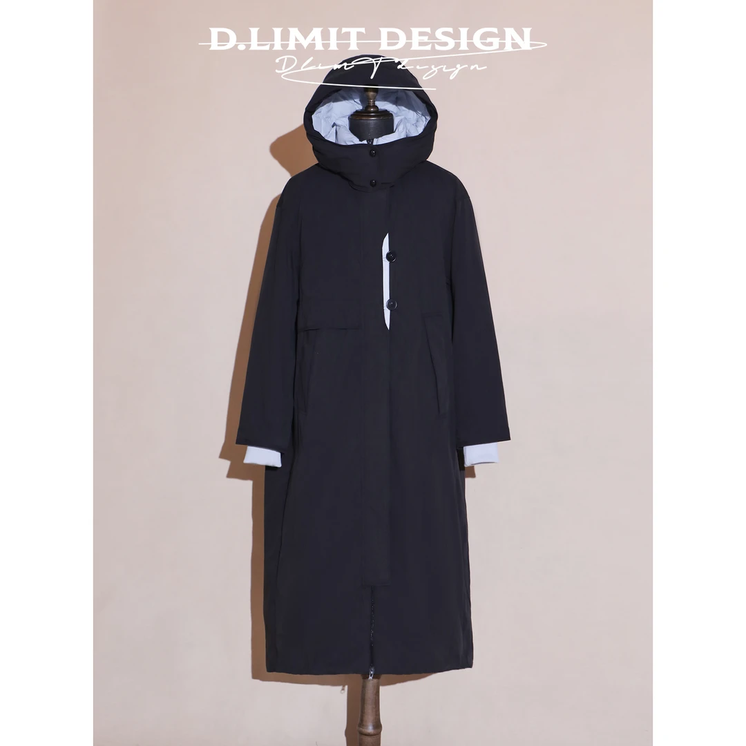 【D.Limit design】撞色内里过膝防风袖口连帽羽绒服DLDC7195