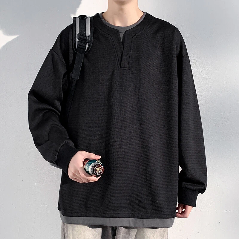 隐匿者2025春季新款男士假两件圆领卫衣港风潮流百搭宽松大码上衣