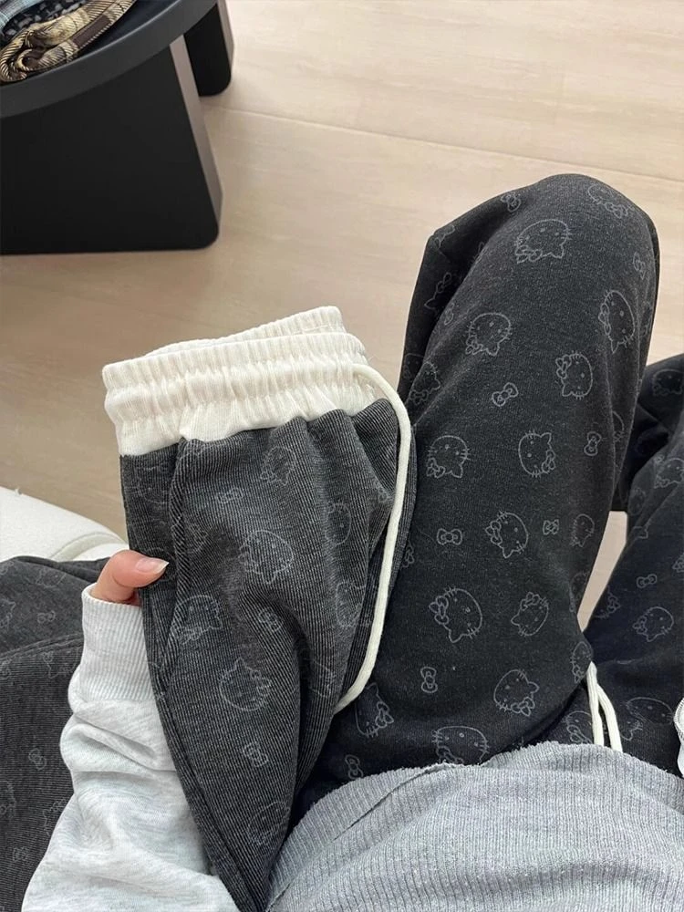 可爱kitty猫印花加绒糯米裤子女秋冬季直筒宽松慵懒休闲阔腿卫裤