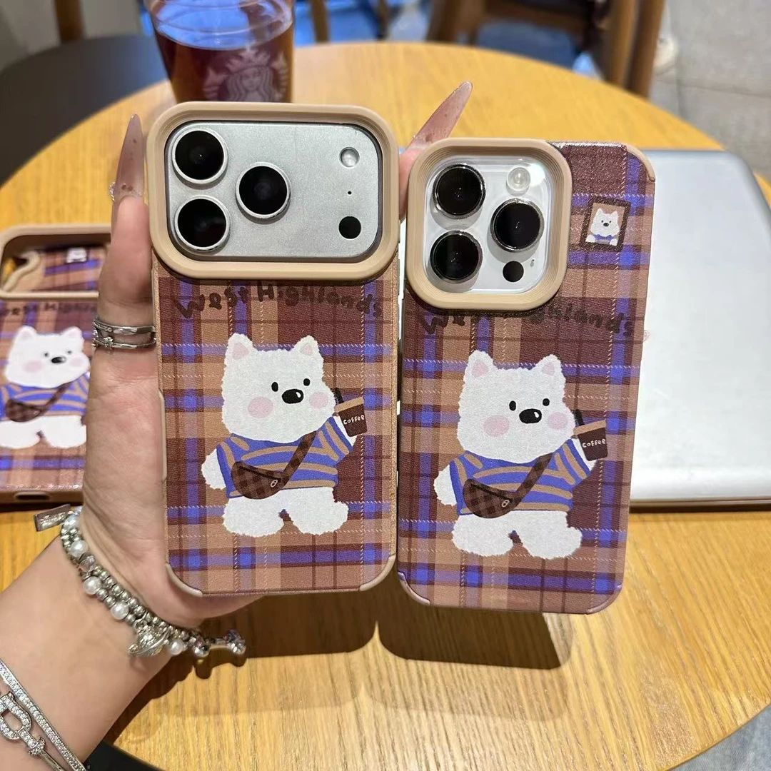 秋冬格纹咖啡小狗适用苹果17promax翻毛皮手机壳iPhone16防摔15