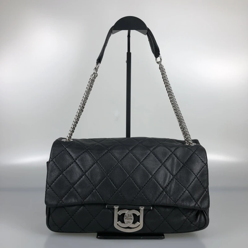 95新 Chanel/香奈儿 黑银cf爱丁堡系列单肩包 底长30 11开带卡