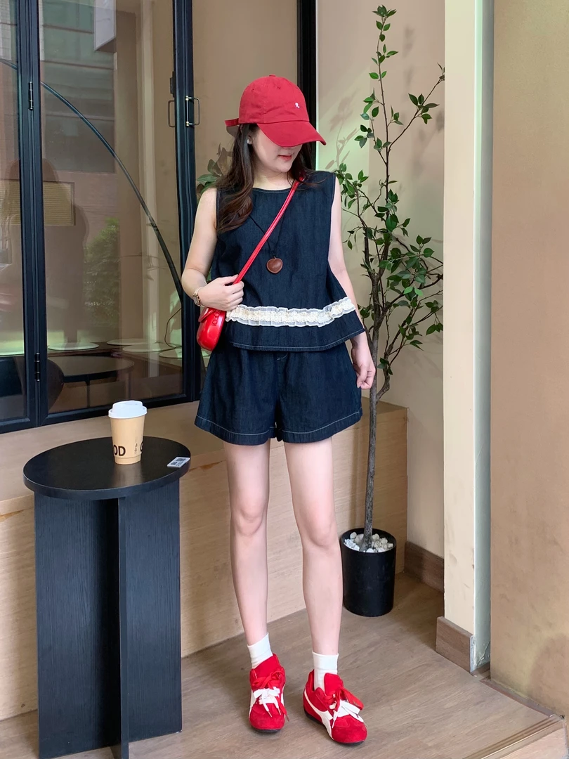 运费补贴小个子夏季韩版甜美简约软牛仔拼接花边背心+短裤套装女