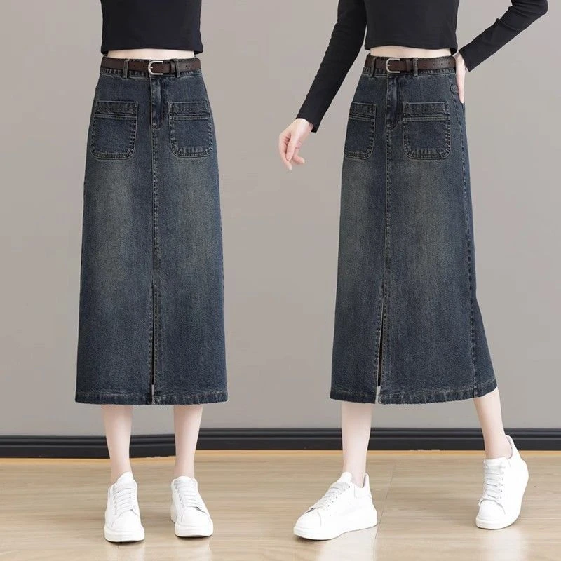 2025年新款春秋显瘦牛仔裙半身裙女中长款高腰前开叉
