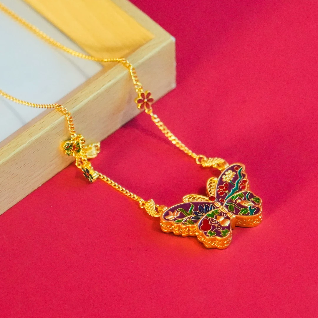 坠链均足银 珐琅蝴蝶套链时尚百搭经典轻奢烧蓝工艺国风新中式