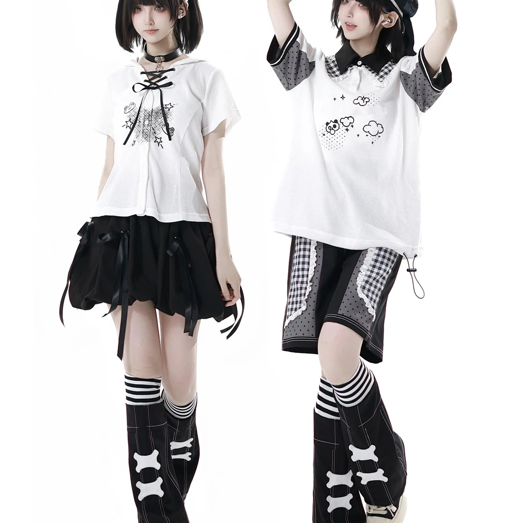 PINKSAVIOR【漫想空间】收腰绑带T恤夏日休闲情侣华夫格短袖中裤