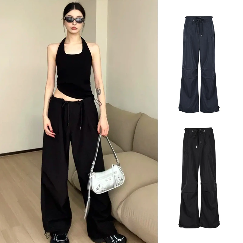 Moses Queen/魔西女王美式复古抽绳系带工装裤高腰显瘦拖地长裤