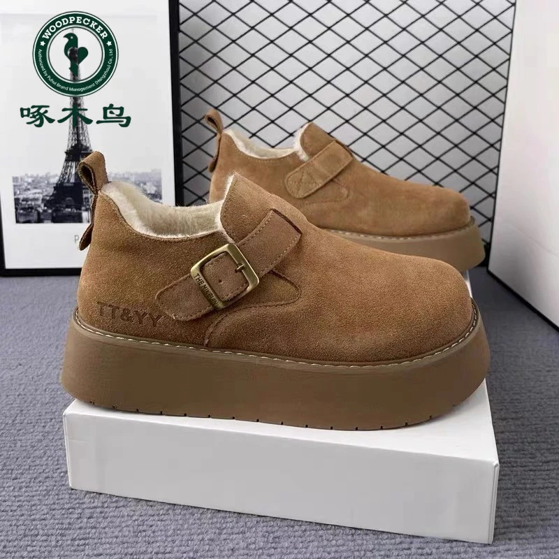 啄木鸟冬季勃肯鞋女厚底增高加绒加厚毛毛一脚蹬懒人雪地靴棉鞋女