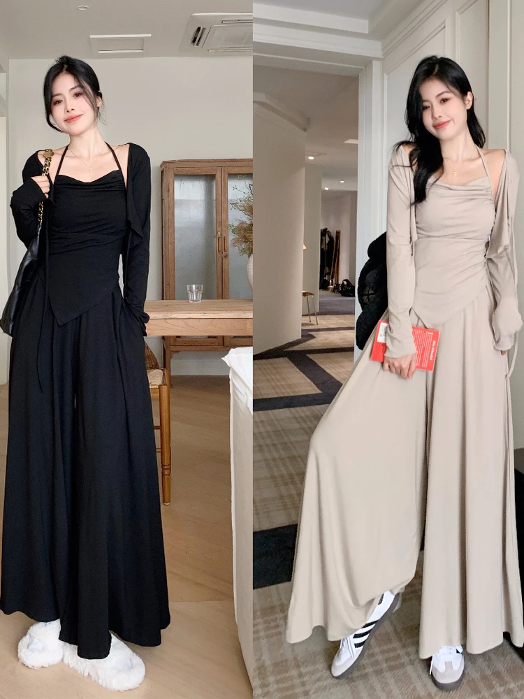 早春初秋不规则开衫上衣吊带阔腿裤三件套大码胖mm收腰显瘦打底衫