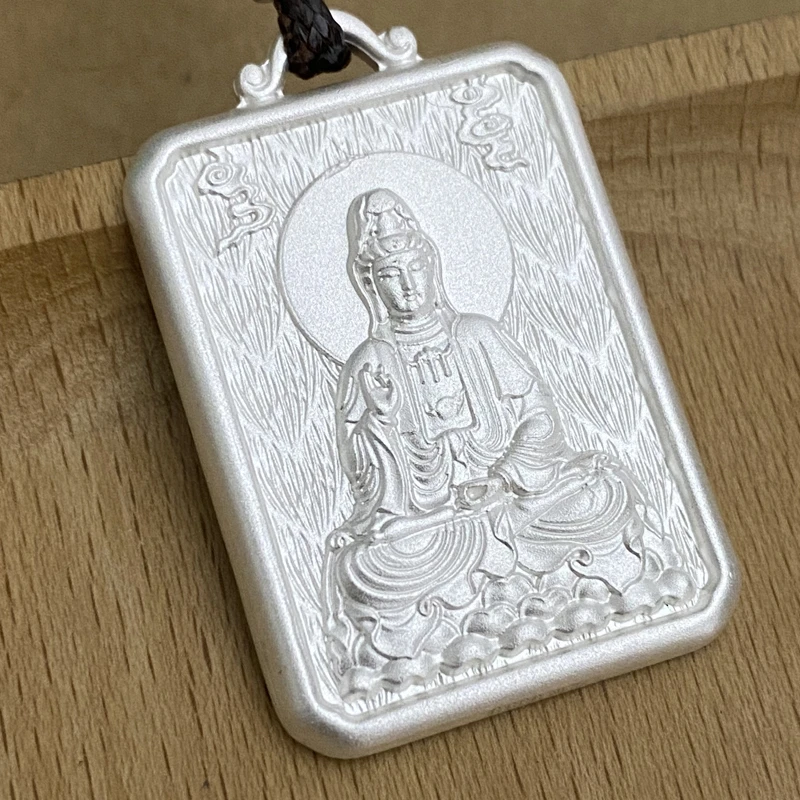 吊坠足银 999纯银实心观音吊坠菩萨浮雕佛牌古法腊绳项链