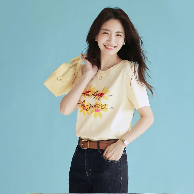 【抑菌凉感】伊芙丽索罗纳百搭白色刺绣花朵T恤女上衣春1G1901051