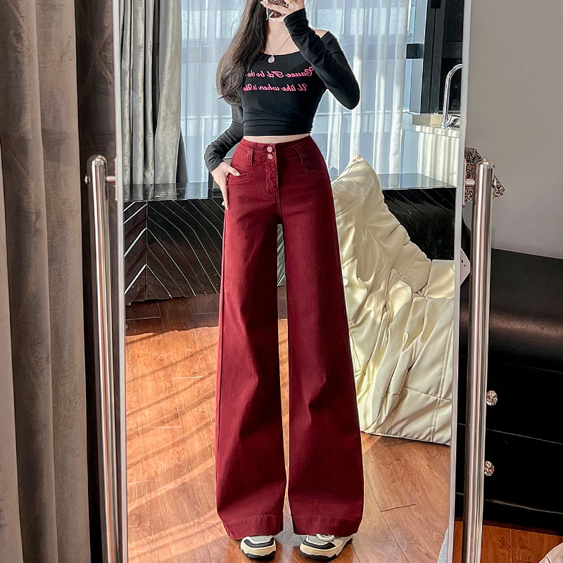 安可拉红高腰直筒牛仔裤女2025年春季新款显瘦显高阔腿宽松拖地裤