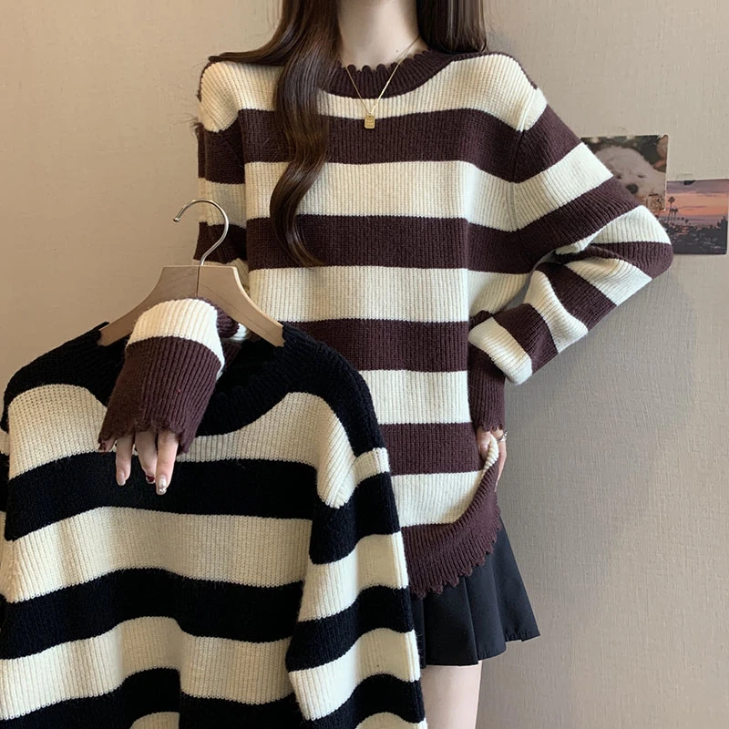 2025秋冬新款荷叶边针织衫上衣大码女装微胖拼色条纹内搭毛衣