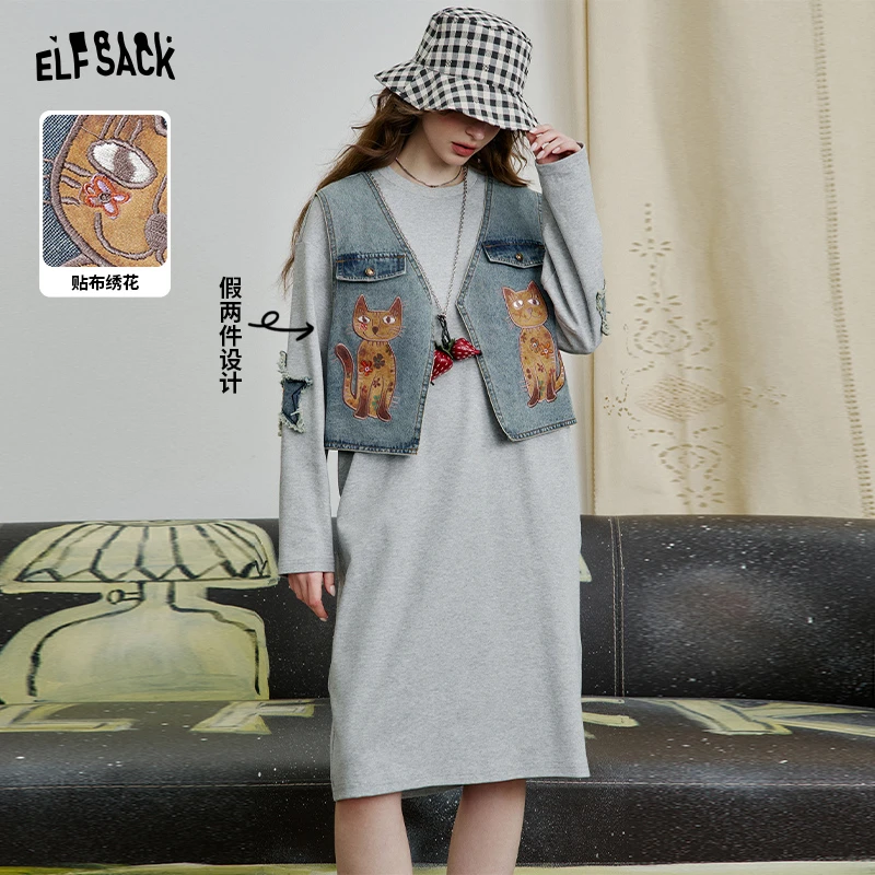 妖精的口袋假两件猫咪牛仔坎肩t恤连衣裙女2025秋宽松设计感裙子