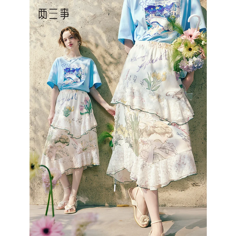 两三事 永昼长夏  复古蕾丝荷叶边印花高腰半身裙S25XKB319