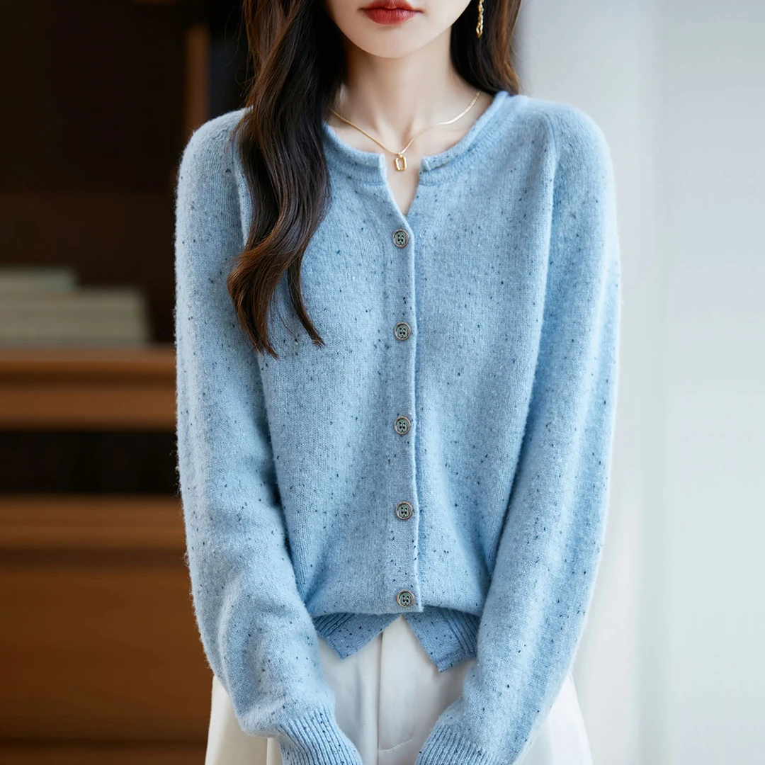 秋季新款圆领长袖羊毛针织开衫外套女士花纱短款时尚洋气外搭毛衣