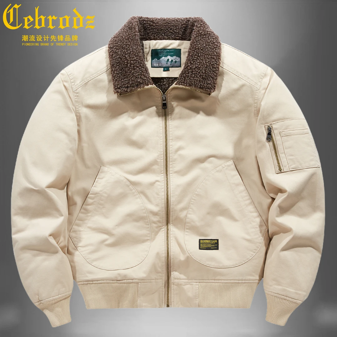 法国Cebrodz男士工装翻领夹克加厚中年棉袄纯棉通勤商务冬季外套