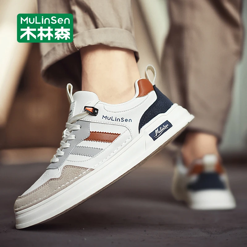 木林森板鞋男2025新款秋季百搭休闲青少年运动低帮厚底增高小白鞋