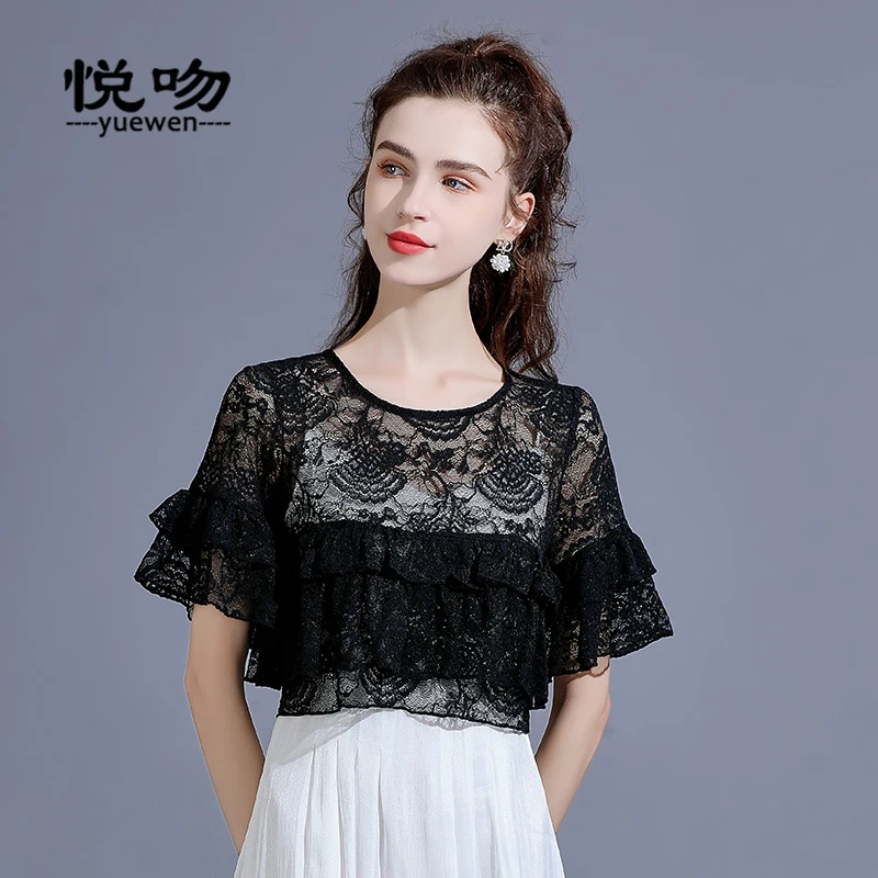 防晒罩衫外搭女夏薄款2025新款蕾丝小坎肩套头蕾丝衫甜美短款上衣