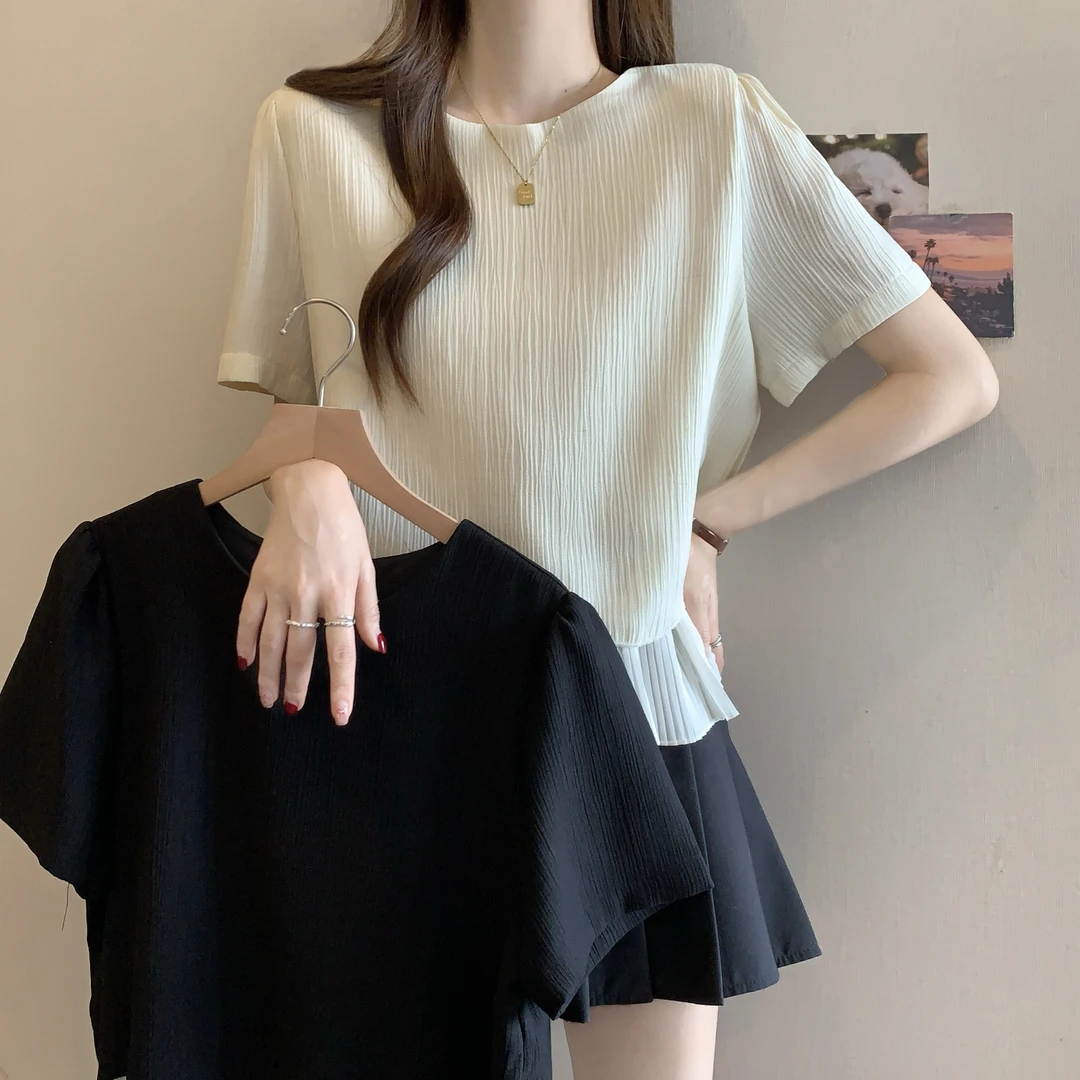 大码女装韩系温柔别致拼接波浪压褶下摆时尚短袖上衣