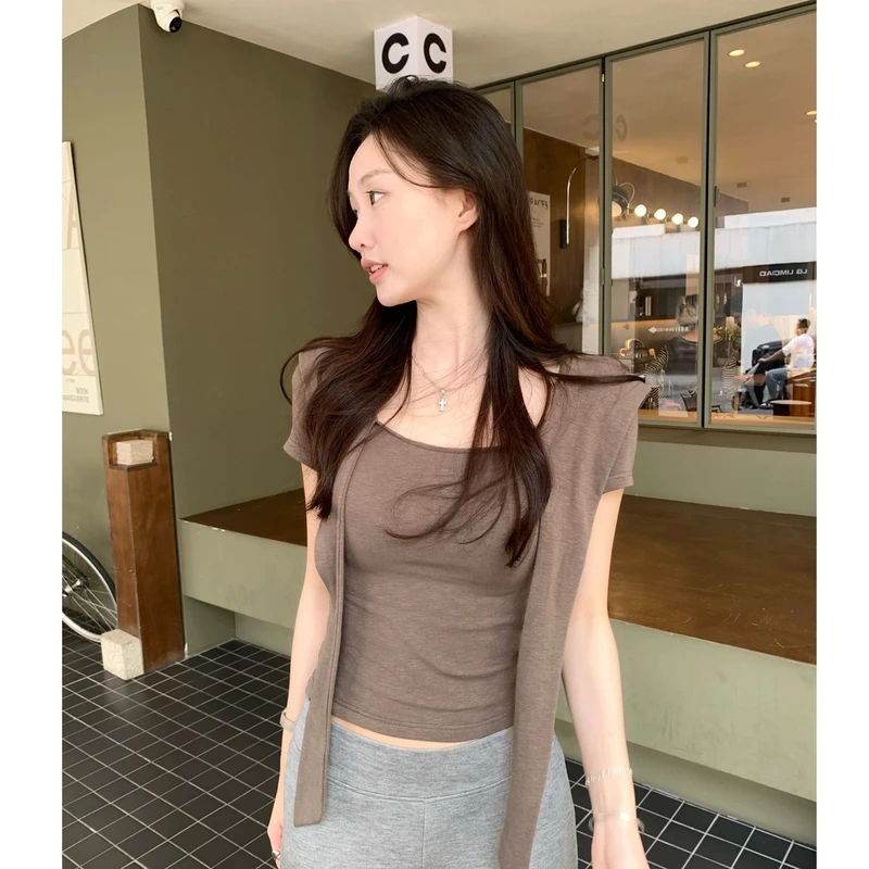 夏季绑带方领短袖T恤纯欲通勤小众设计感竹节百搭修身