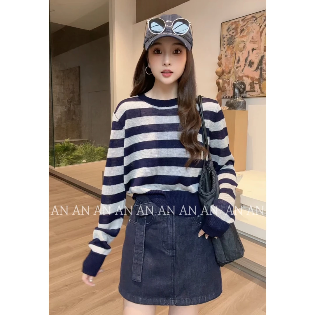 C08231新款洋气慵懒随性宽松百搭套头撞色条纹长袖针织衫