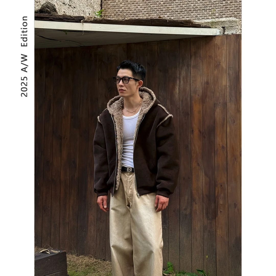 DUPU CONTRACTED 【皮毛一体】 廓形复古仿麂皮连帽外套