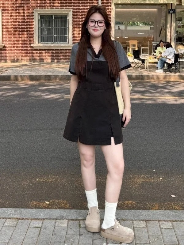 大码女装拼接撞色假两件短袖连衣裙夏季胖mm显瘦背带裙子