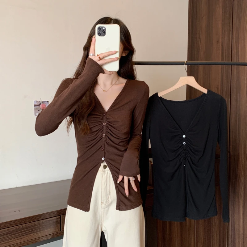 3704大码女装胖mm小众设计感时尚百搭修身显瘦长袖v领上衣4603