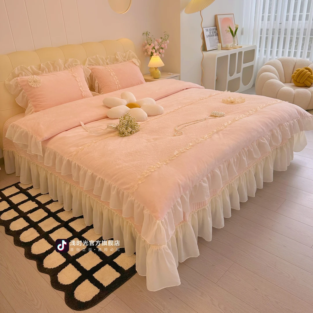 浅时光秋冬季加厚保暖牛奶绒床盖四件套绗缝夹棉雕花绒床盖2号