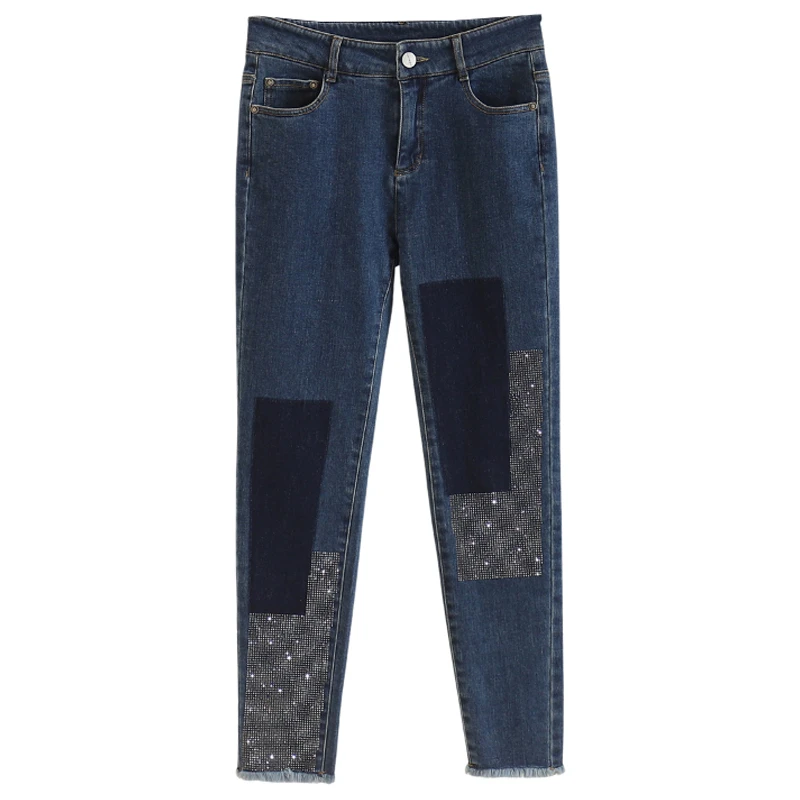 【伍莎-自营】韩版修身拼接烫钻小脚牛仔裤#ZYM48Z005