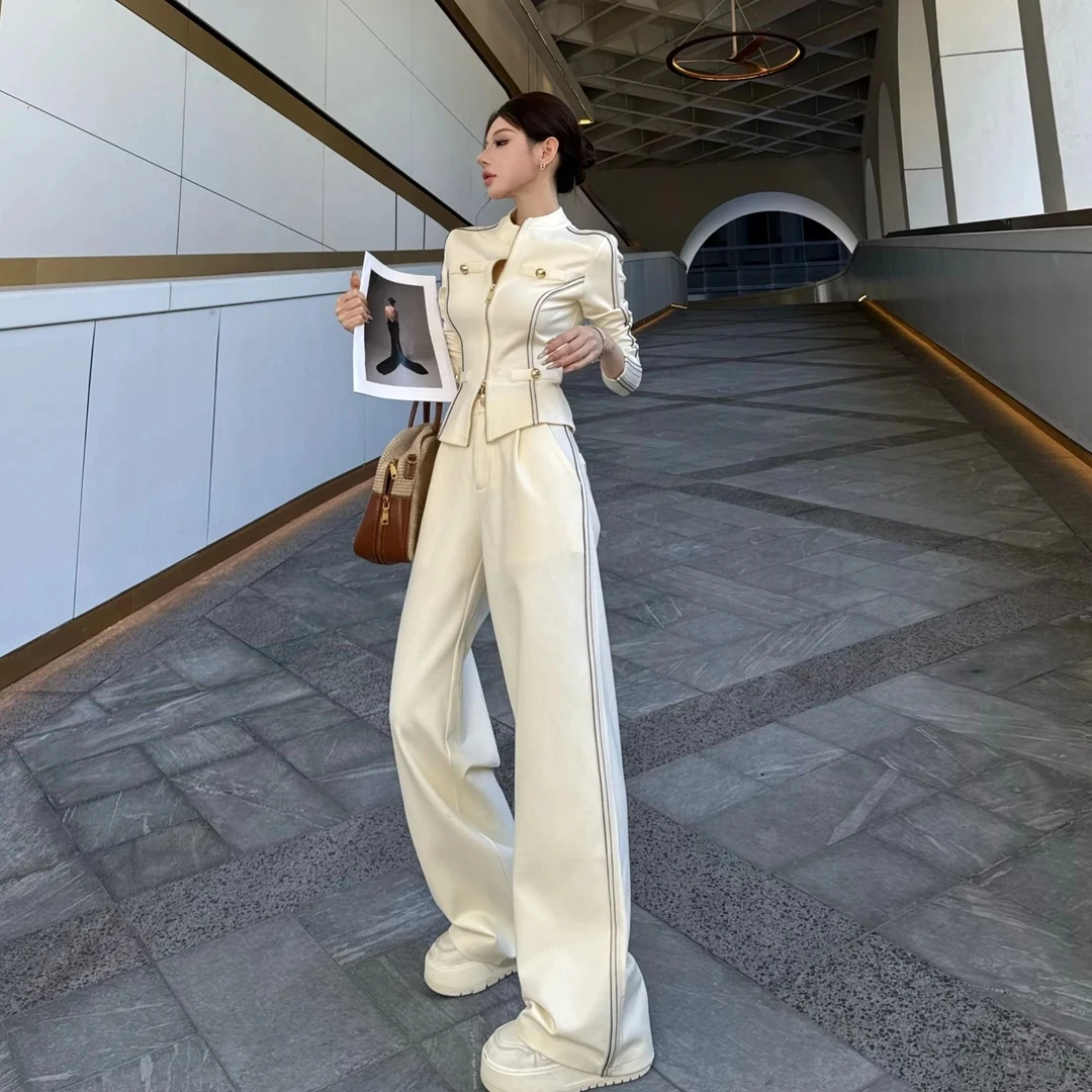 【现货】粉红PINK丨“女绅主义”设计感ins风撞色拼接外套+阔腿裤套装