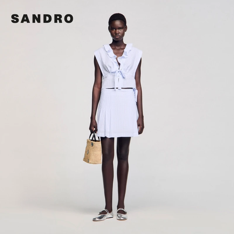 SANDRO2025秋冬新款女装优雅花边压褶亚麻混纺短款上衣SFPTO00770