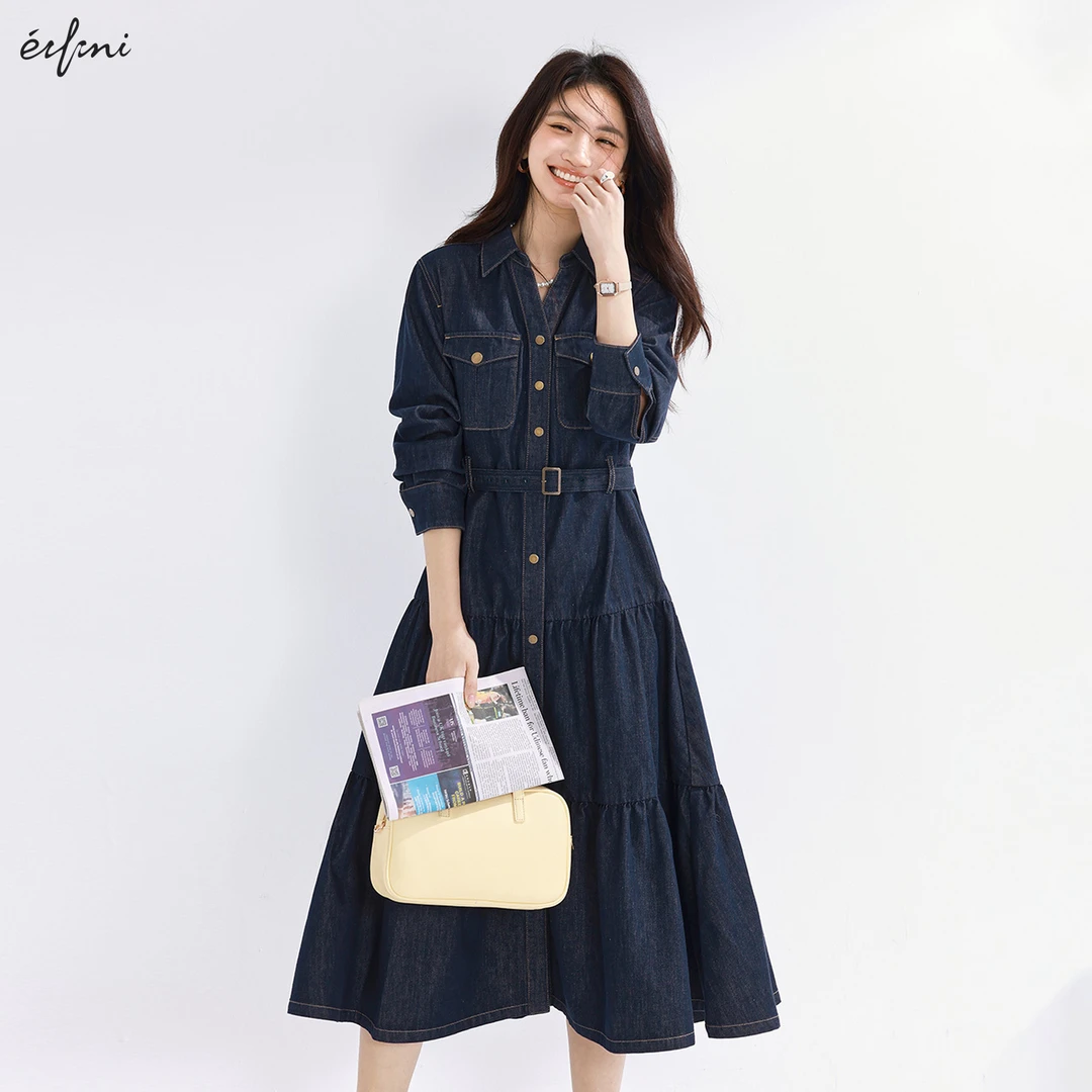 伊芙丽不易掉色牛仔连衣裙女25夏季衬衫领裙子1G1993001长袖