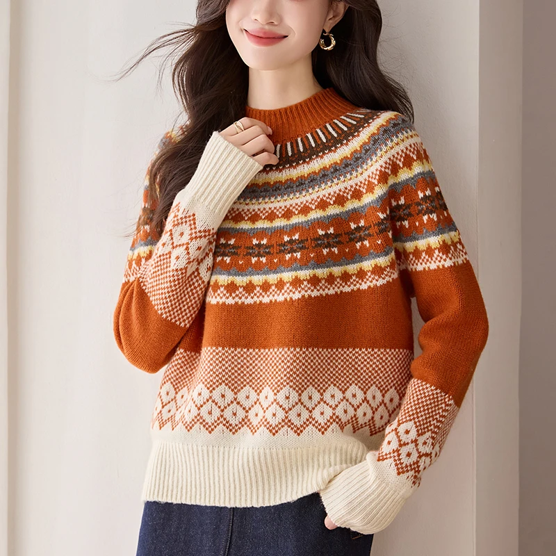 费尔岛羊毛衫女100纯羊毛打底衫气质轻奢高级感毛衣秋冬大码胖mm