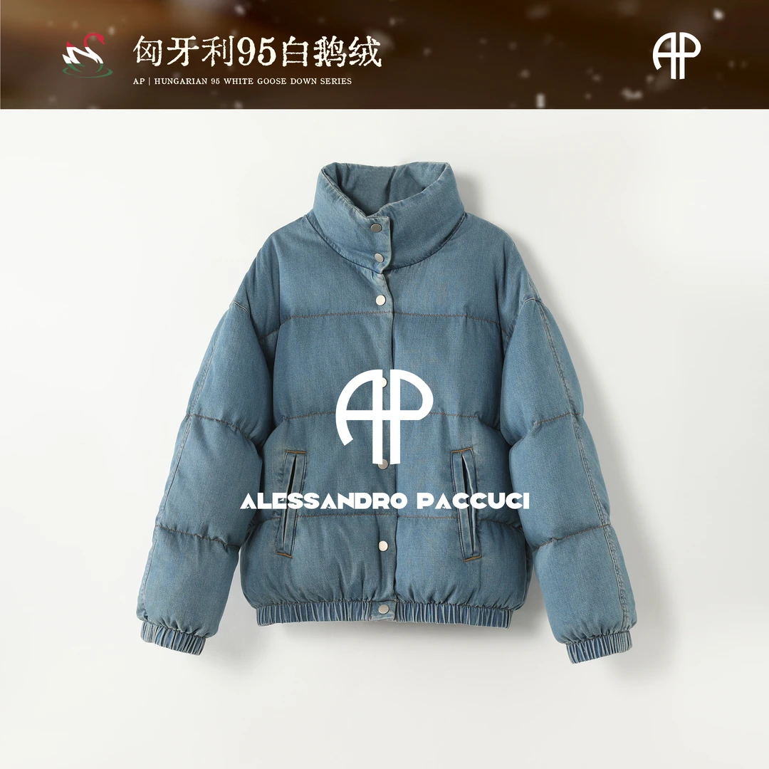 AP洛哥54018RR【牛仔羽绒】匈牙利进口95白鹅绒立领羽绒服女装