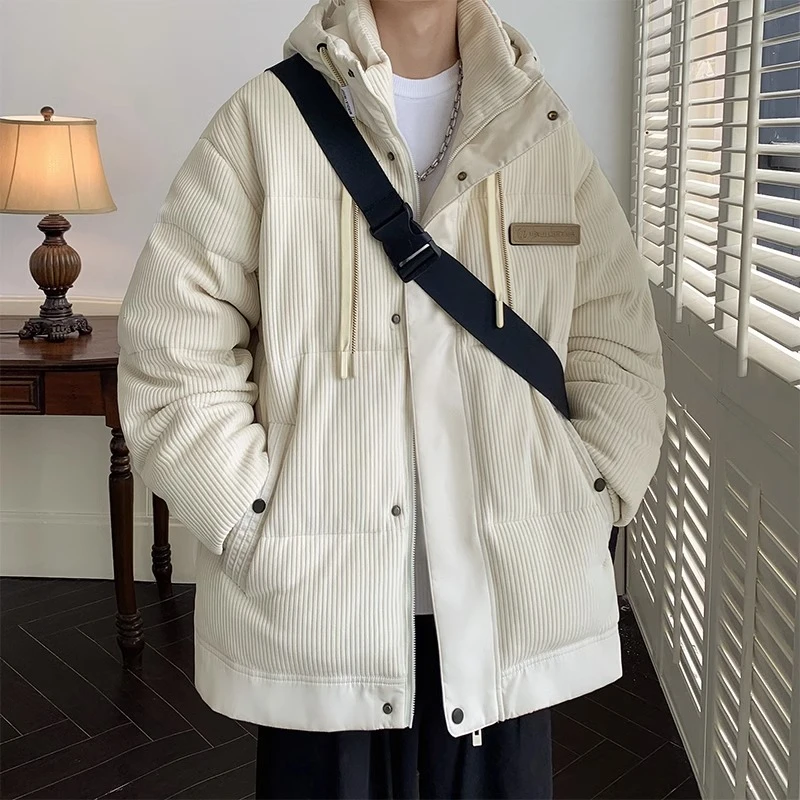 灯芯绒羽绒服男潮牌冬季加厚痞帅宽松白鸭绒连帽外套保暖休闲上衣