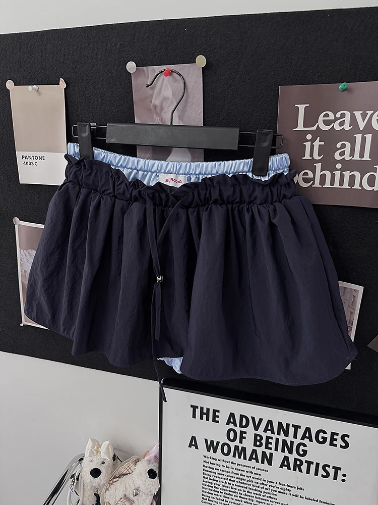 韩版时尚拼接撞色半身裙抽绳松紧腰假两件A字裙裤蓬蓬裙短裙女