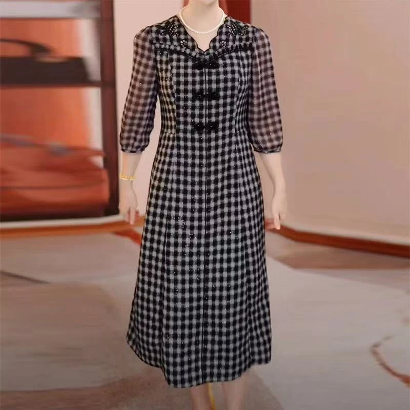 5483#格子早秋时尚连衣裙新款遮肉显瘦中长款优雅复古妈妈装气质