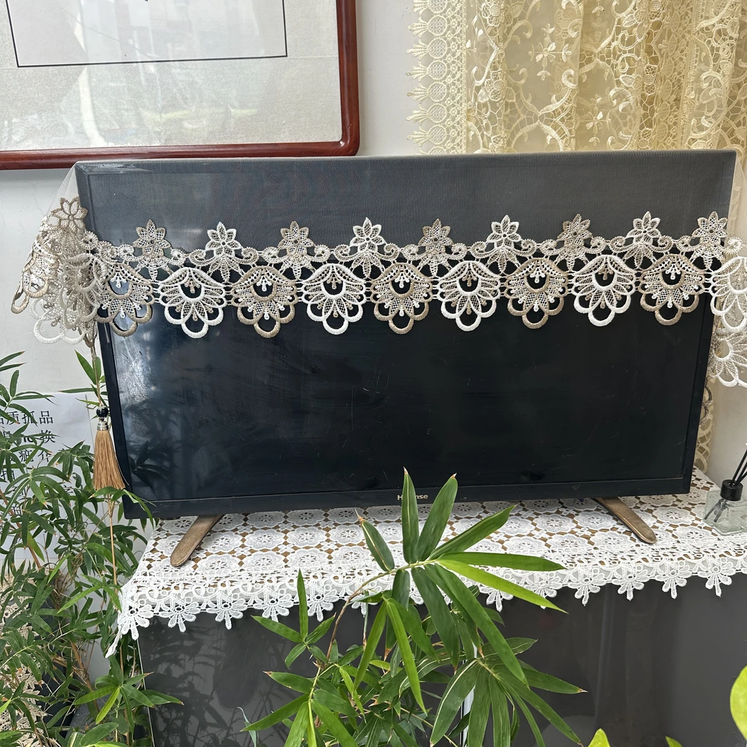 HS8131（40*220）六角网纱玛瑙灰花边万能盖巾