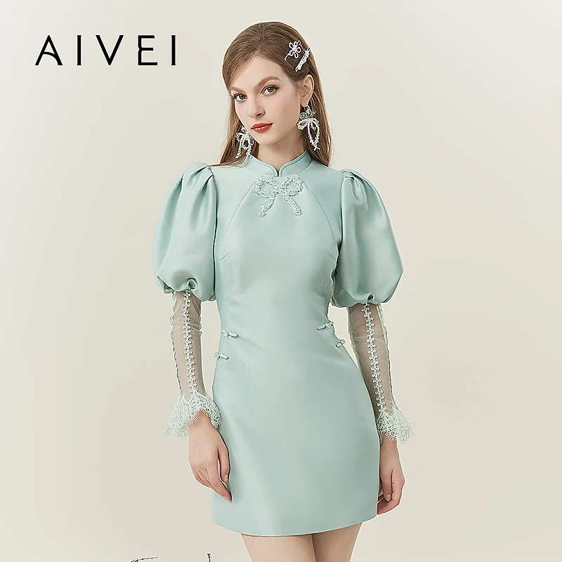 25年春季新中式民国改良式旗袍甜美泡泡袖主题聚会连衣裙R0160154