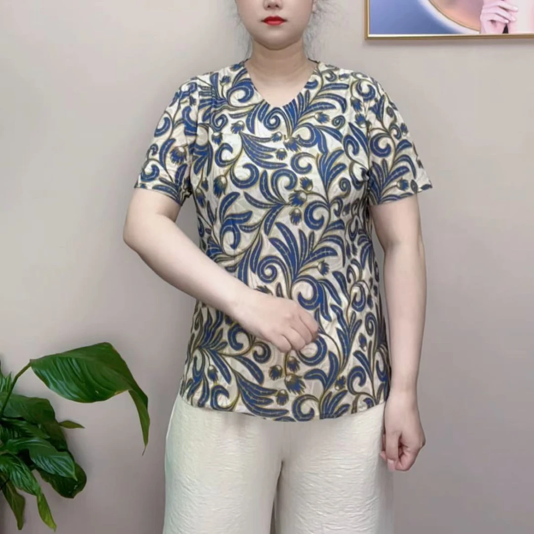 夏季气质新短袖小衫新款妈妈装时尚V领上衣T恤百搭