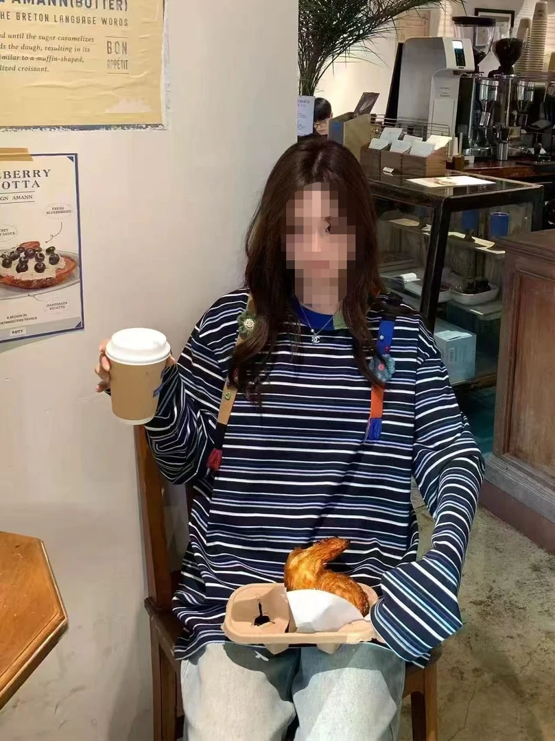 【0107】轻职风长袖拼接蓝色条纹显瘦T恤中长款休闲风圆领