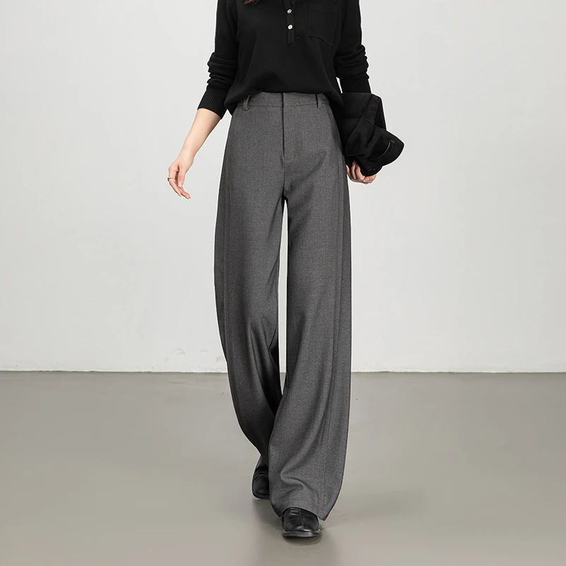天丝羊毛高腰直筒西装裤女秋冬大码胖设计感垂感宽松显瘦拖地裤子