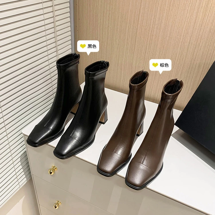 2025新款黑色法式高跟瘦瘦靴女粗跟弹力靴秋冬季软皮复古方头短靴